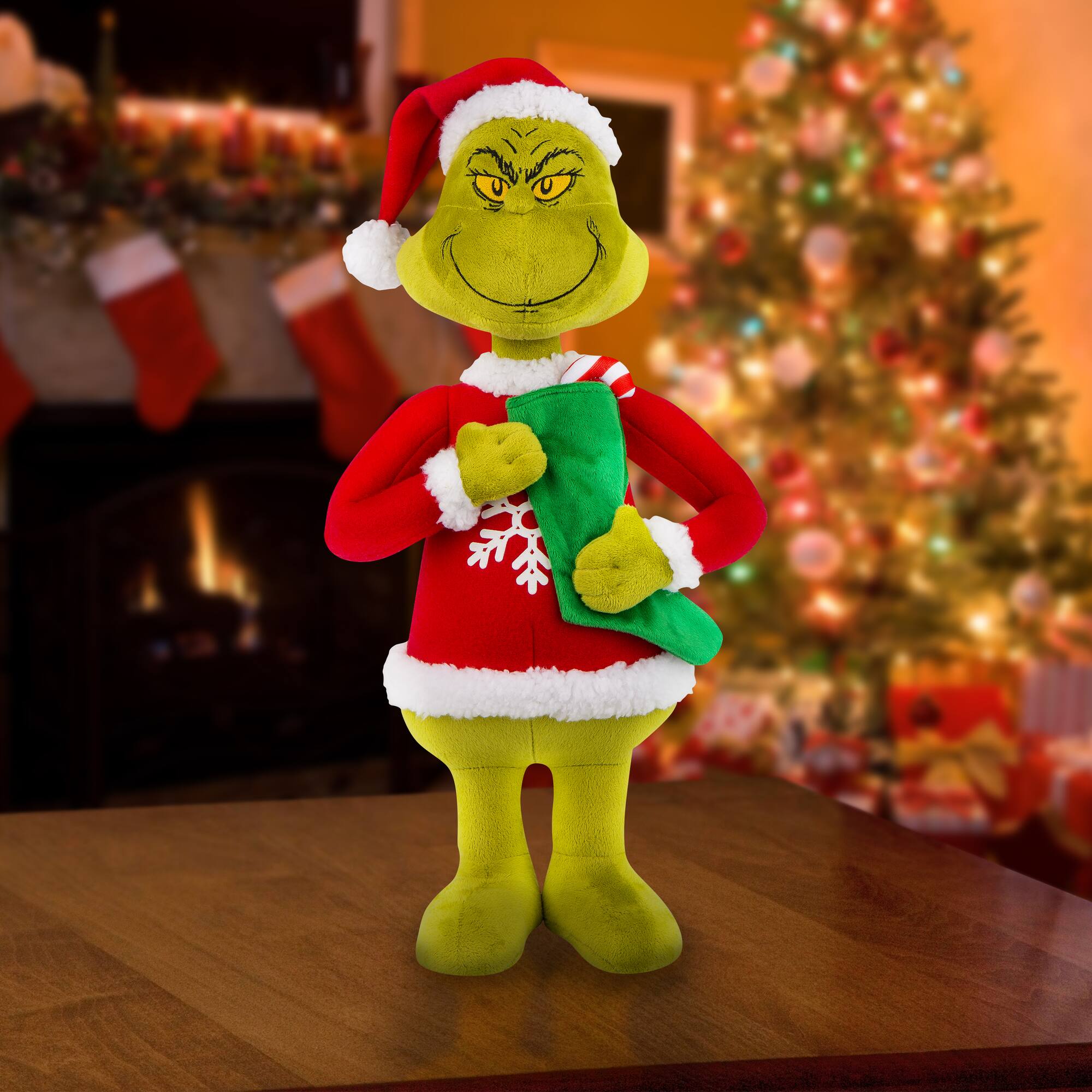18" Grinch Holiday Greeter Plush in Snowflake Sweater with Green Stocking